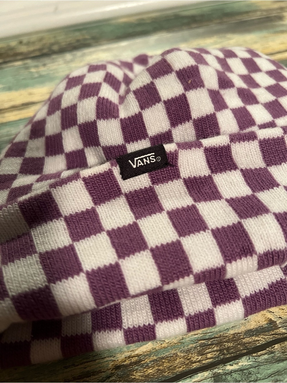 ✨ Vans "Off The Wall" Checkerboard Knit Cuffed Beanie Hat Purple ✨